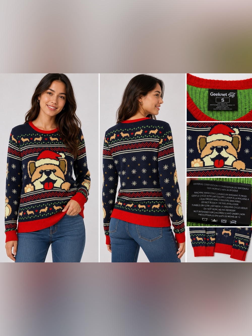 Geeknet Bulldog Ugly Christmas Sweater Men’s Small Navy Santa Dog Holiday Knit